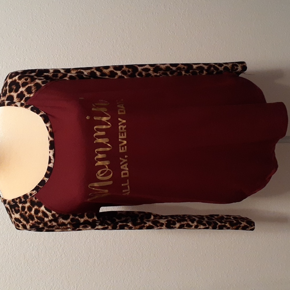 Mommin' All Day, Every Day Leopard Print Burgundy Shirt - Size XL